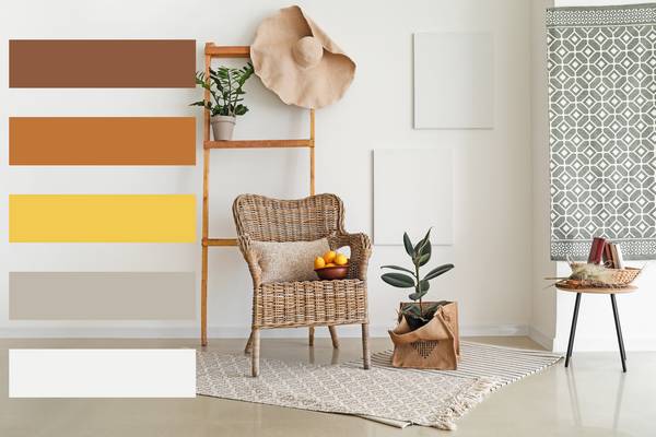 Interior of light room with wicker armchair. Different color patterns
